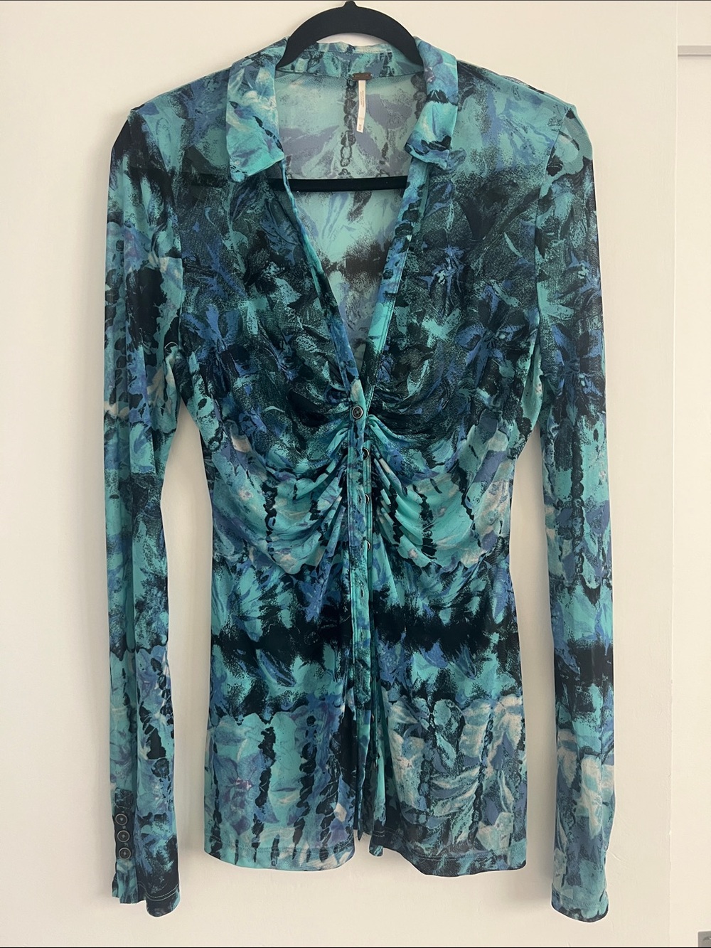 Free People Blue & Teal Ruched V-Neck Long Sleeve Top